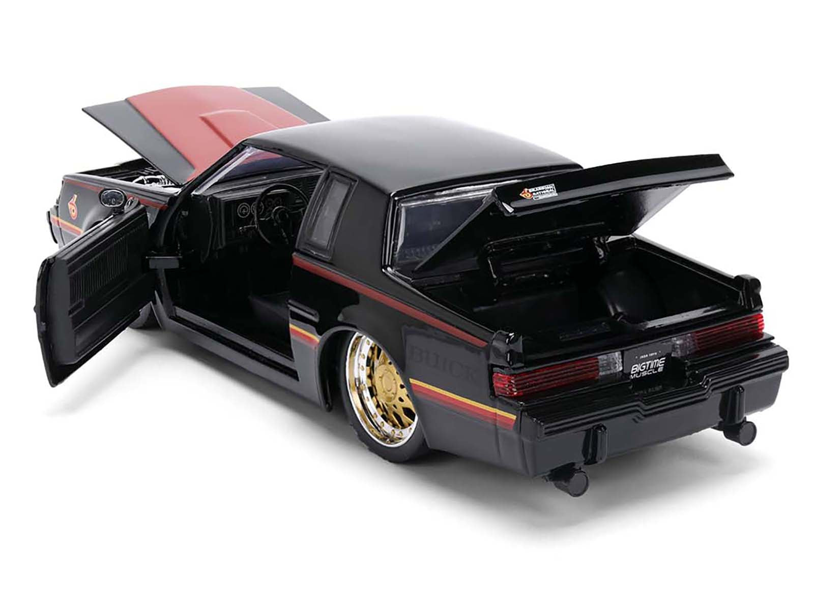 1987 Buick Grand National Black with Matt Red Hood and Stripes &quot;Bigtime Muscle&quot; Series 1/24 Diecast Model Car by Jada