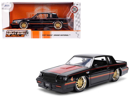 1987 Buick Grand National Black with Matt Red Hood and Stripes &quot;Bigtime Muscle&quot; Series 1/24 Diecast Model Car by Jada