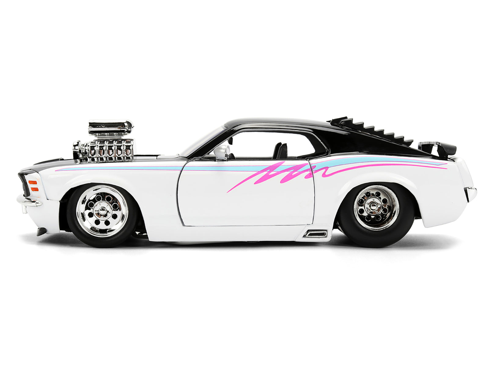 1970 Ford Mustang Boss 429 Black and White with Graphics &quot;Bigtime Muscle&quot; Series 1/24 Diecast Model Car by Jada