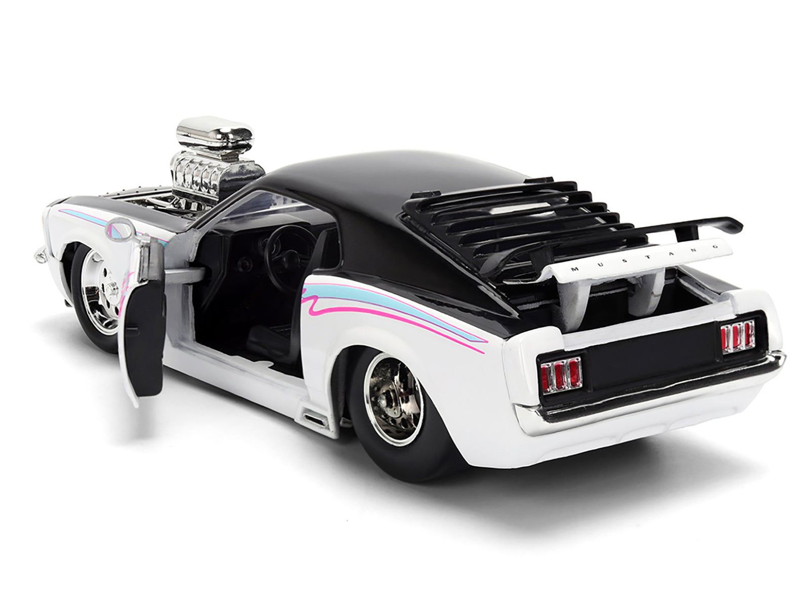 1970 Ford Mustang Boss 429 Black and White with Graphics &quot;Bigtime Muscle&quot; Series 1/24 Diecast Model Car by Jada