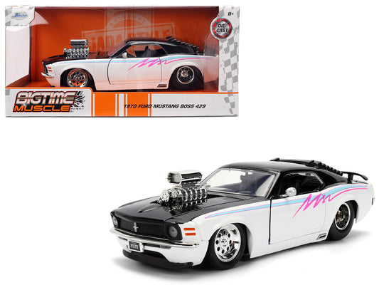 1970 Ford Mustang Boss 429 Black and White with Graphics &quot;Bigtime Muscle&quot; Series 1/24 Diecast Model Car by Jada