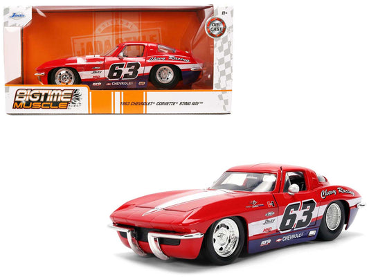 1963 Chevrolet Corvette Stingray #63 &quot;Chevy Racing&quot; Red with White and Blue Stripes &quot;Bigtime Muscle&quot; Series 1/24 Diecast Model Car by Jada
