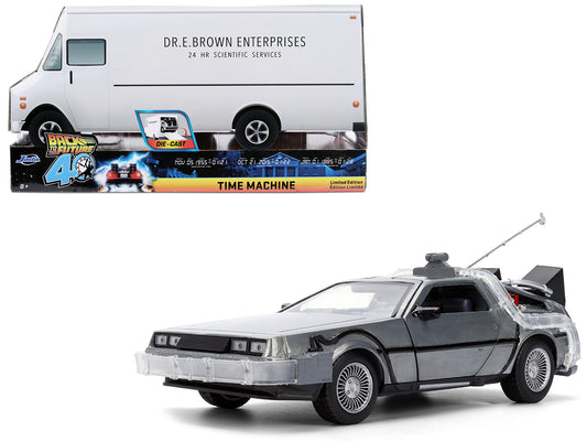 DeLorean Brushed Metal Time Machine with Lights &quot;Back to the Future&quot; (1985) Movie &quot;40th Anniversary&quot; Special Packaging &quot;Hollywood Rides&quot; Series 1/24 Diecast Model Car by Jada