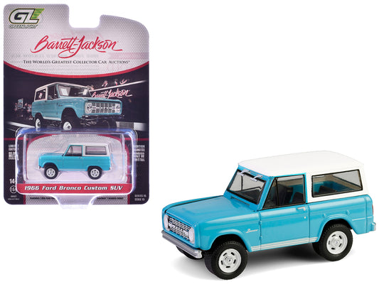 1966 Ford Bronco Custom SUV Turquoise Blue with White Top &quot;Barrett-Jackson&quot; Series 15 1/64 Diecast Model Car by Greenlight