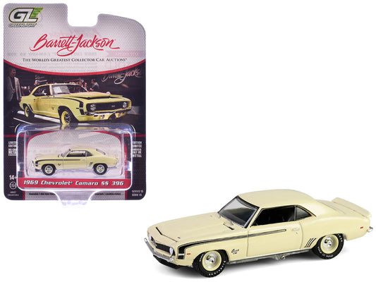 1969 Chevrolet Camaro SS 396 Butternut Yellow with Black Stripes &quot;Barrett-Jackson&quot; Series 15 1/64 Diecast Model Car by Greenlight