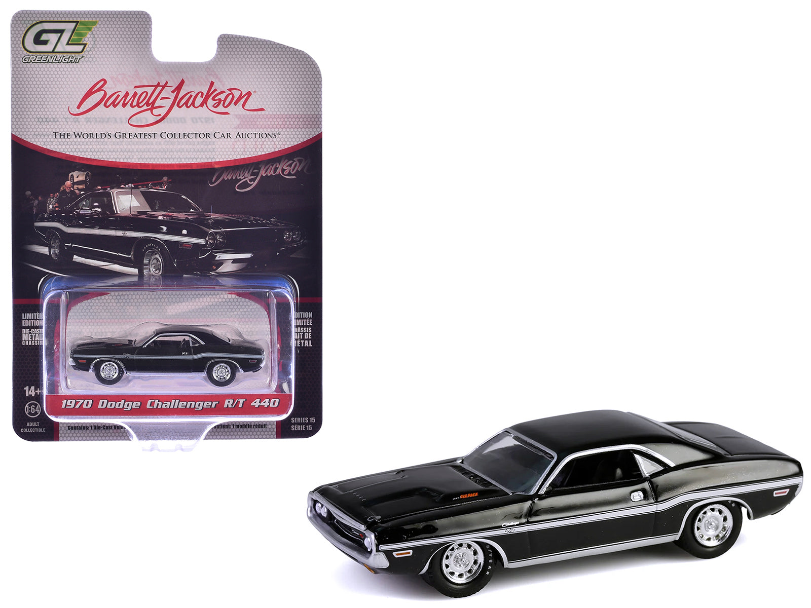 1970 Dodge Challenger R/T 440 Black with White Stripes &quot;Barrett-Jackson&quot; Series 15 1/64 Diecast Model Car by Greenlight