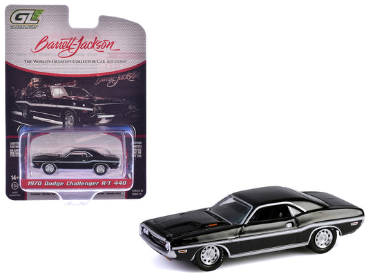 1970 Dodge Challenger R/T 440 Black with White Stripes &quot;Barrett-Jackson&quot; Series 15 1/64 Diecast Model Car by Greenlight