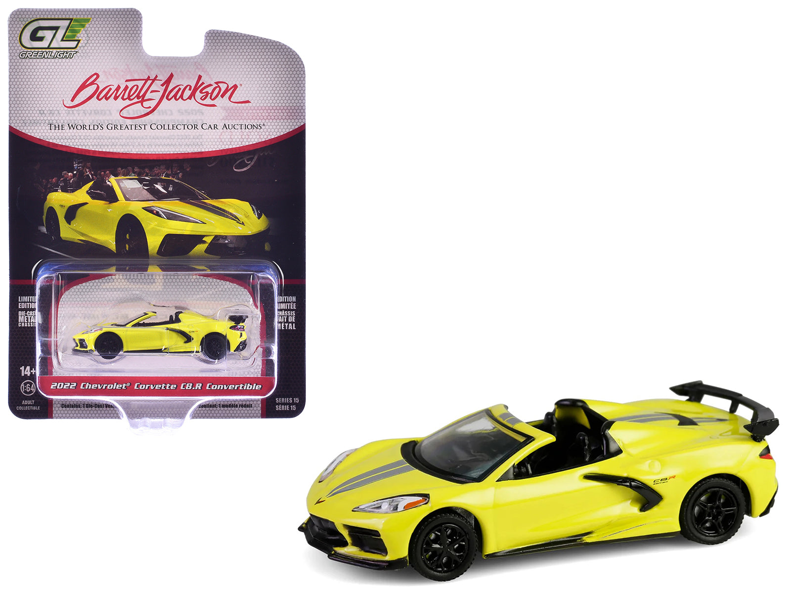 2022 Chevrolet Corvette C8.R Convertible Yellow with Silver Stripes &quot;Barrett-Jackson&quot; Series 15 1/64 Diecast Model Car by Greenlight