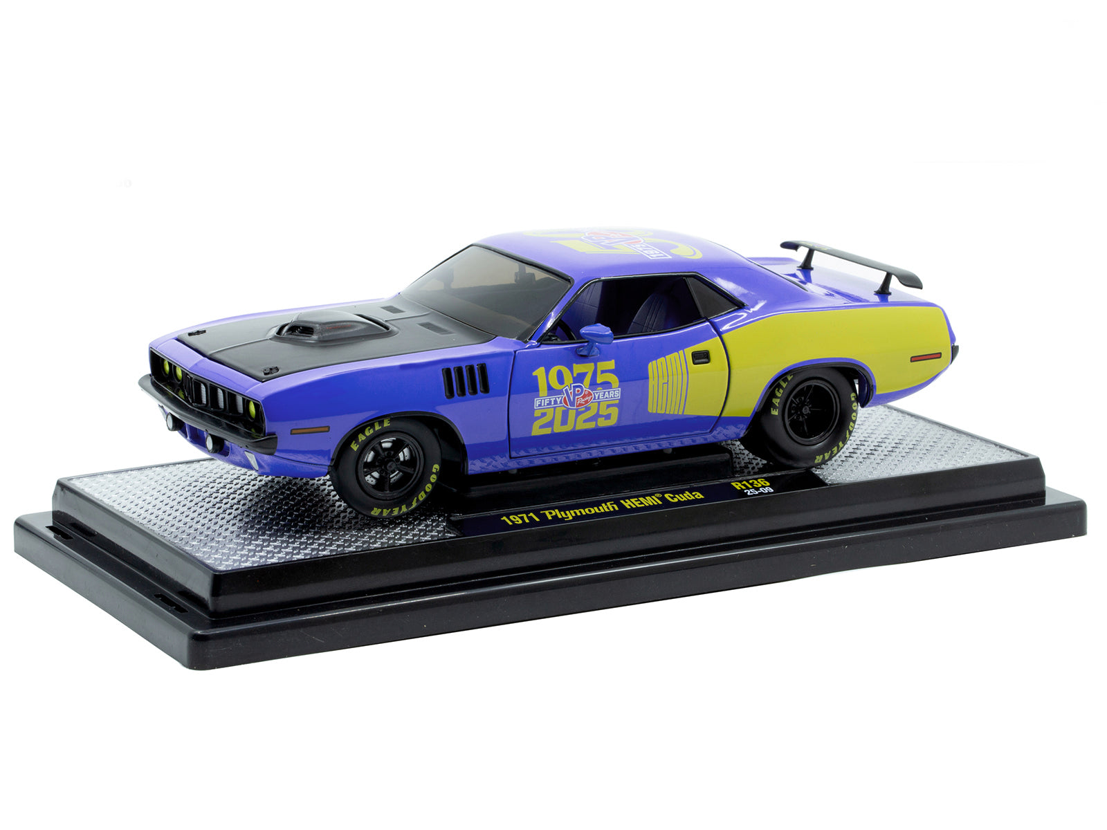 1971 Plymouth Hemi Cuda &quot;VP Racing 50 Years&quot; Blue with Yellow Sides Limited Edition to 8650 pieces Worldwide 1/24 Diecast Model Car by M2 Machines