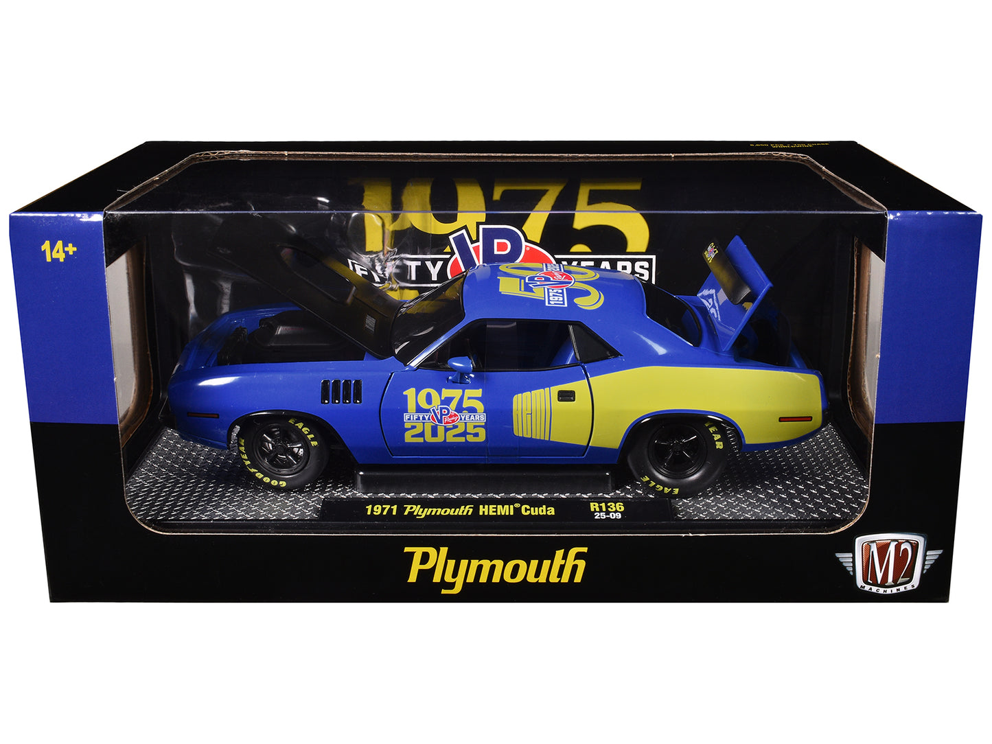1971 Plymouth Hemi Cuda &quot;VP Racing 50 Years&quot; Blue with Yellow Sides Limited Edition to 8650 pieces Worldwide 1/24 Diecast Model Car by M2 Machines
