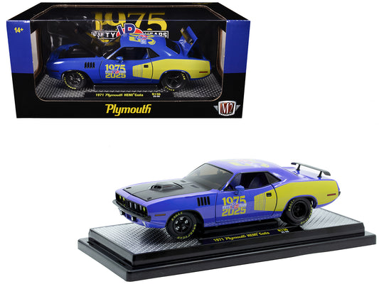 1971 Plymouth Hemi Cuda &quot;VP Racing 50 Years&quot; Blue with Yellow Sides Limited Edition to 8650 pieces Worldwide 1/24 Diecast Model Car by M2 Machines