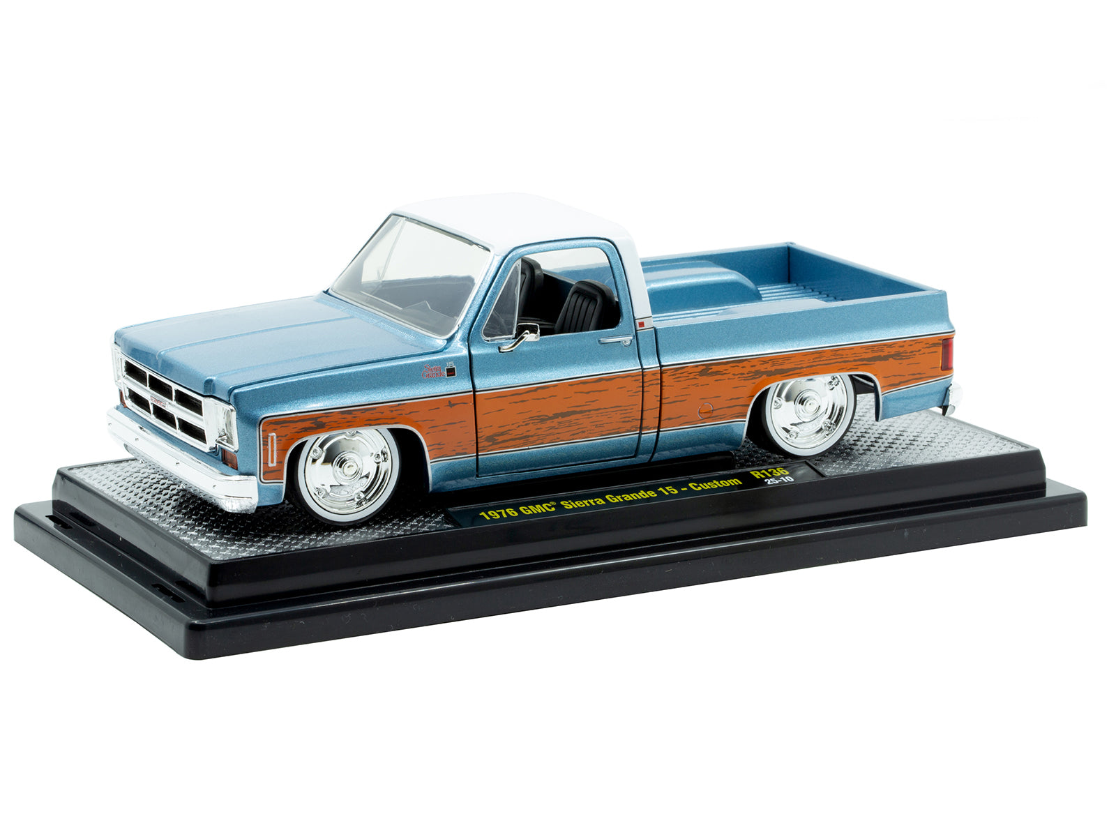 1976 GMC Sierra Grande 15 Pickup Truck Blue Metallic with White Top and Woodgrain Sides Limited Edition to 7050 pieces Worldwide 1/24 Diecast Model Car by M2 Machines