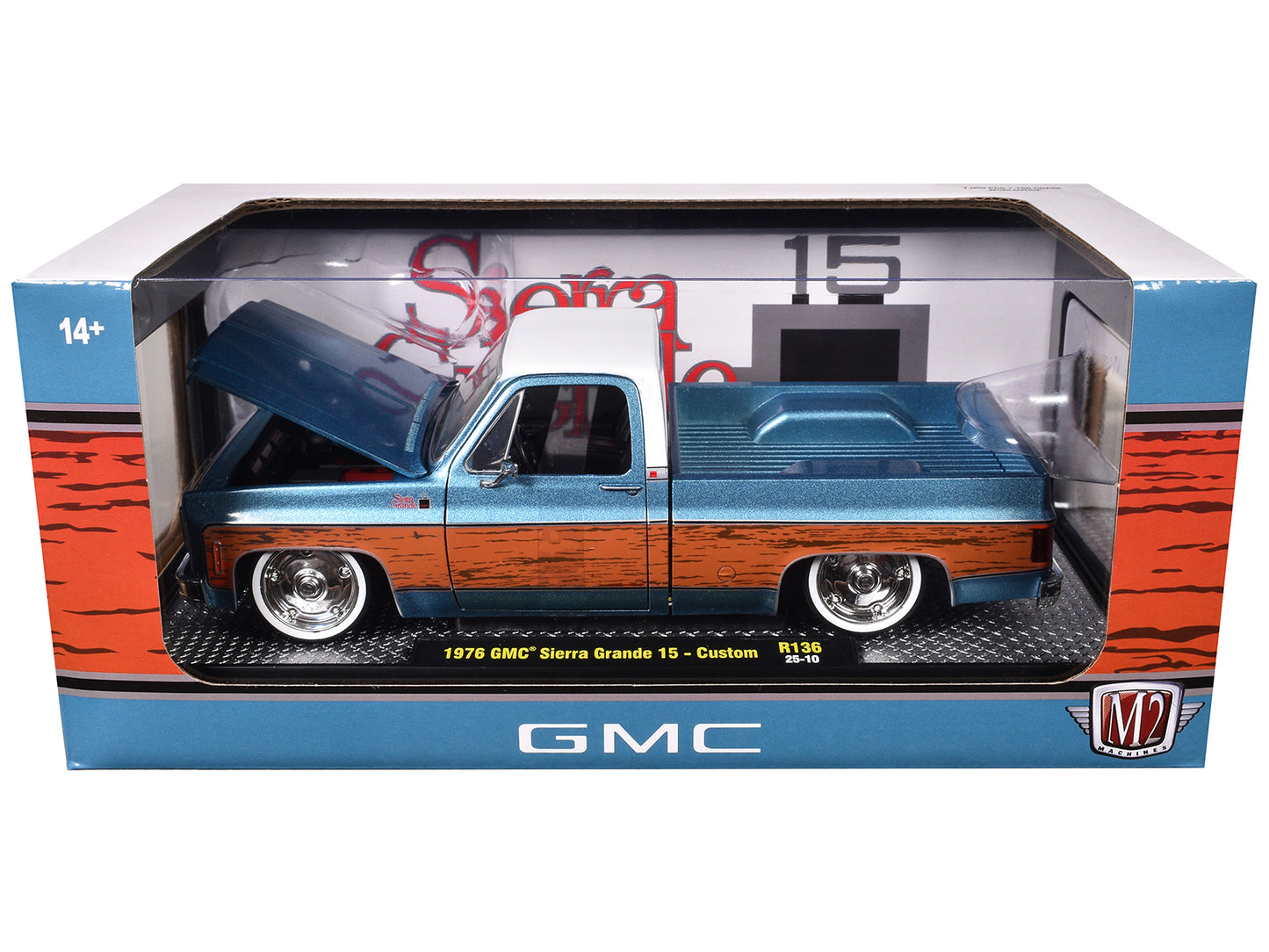 1976 GMC Sierra Grande 15 Pickup Truck Blue Metallic with White Top and Woodgrain Sides Limited Edition to 7050 pieces Worldwide 1/24 Diecast Model Car by M2 Machines