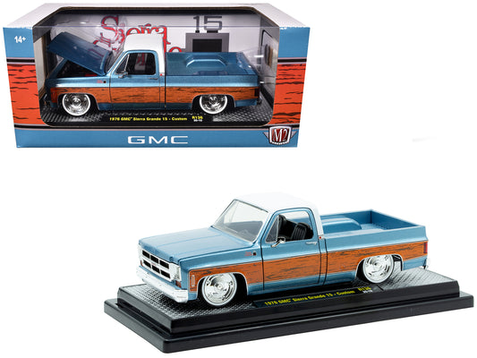 1976 GMC Sierra Grande 15 Pickup Truck Blue Metallic with White Top and Woodgrain Sides Limited Edition to 7050 pieces Worldwide 1/24 Diecast Model Car by M2 Machines