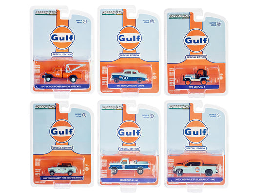 &quot;Gulf Oil Special Edition&quot; Series 2 Set of 6 Cars 1/64 Diecast Model Cars by Greenlight