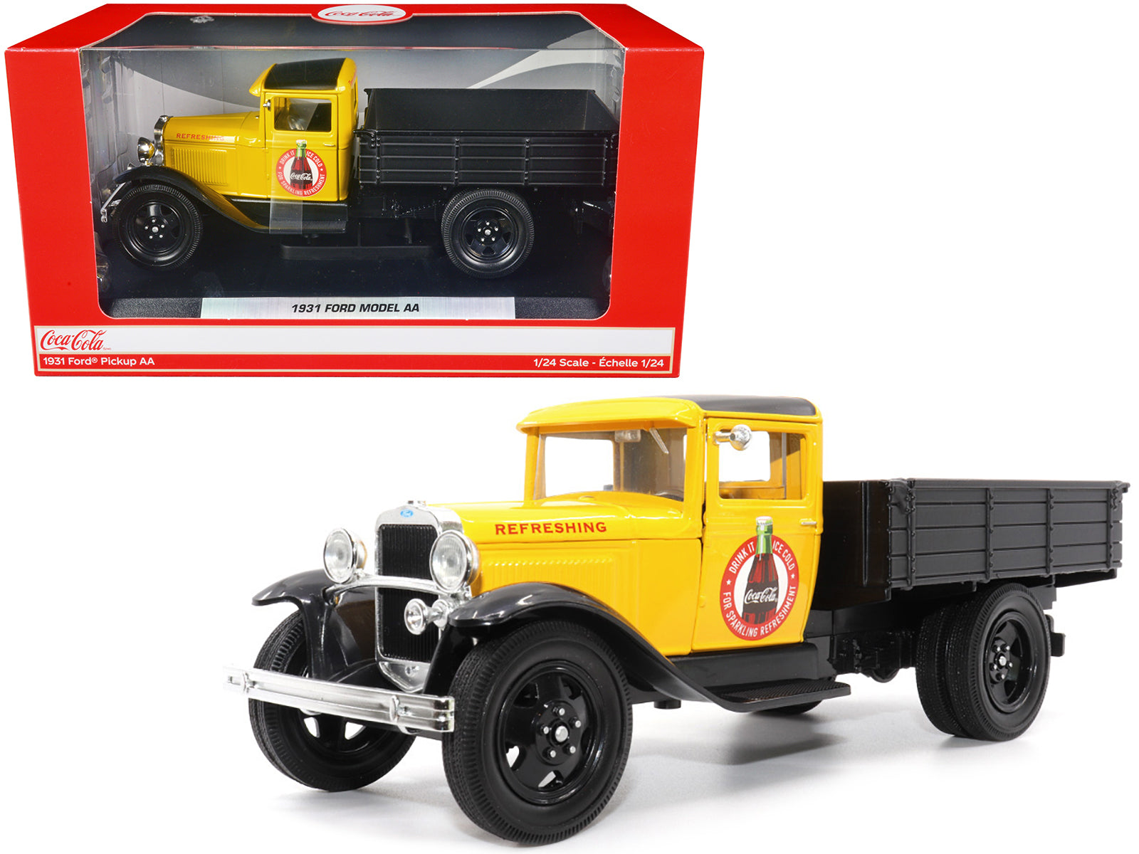 1931 Ford Model AA Pickup Truck Yellow and Black &quot;Drink it Ice Cold for Sparkling Refreshment - Coca-Cola&quot; 1/24 Diecast Model Car by Motor City Classics