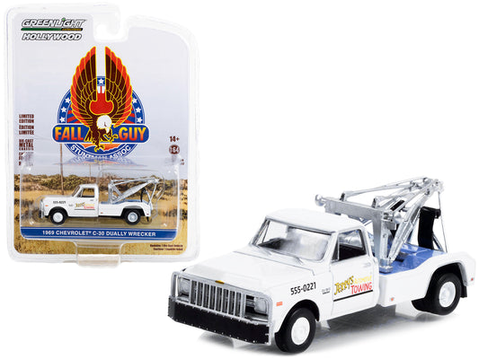 1969 Chevrolet C-30 Dually Wrecker Tow Truck White &quot;Jerry’s Towing&quot; &quot;Fall Guy Stuntman Association&quot; Hollywood Special Edition 1/64 Diecast Model Car by Greenlight