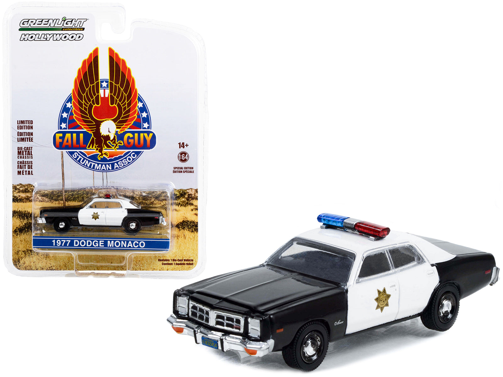 1977 Dodge Monaco Police Black and White &quot;County Sheriff's Department&quot; &quot;Fall Guy Stuntman Association&quot; Hollywood Special Edition 1/64 Diecast Model Car by Greenlight
