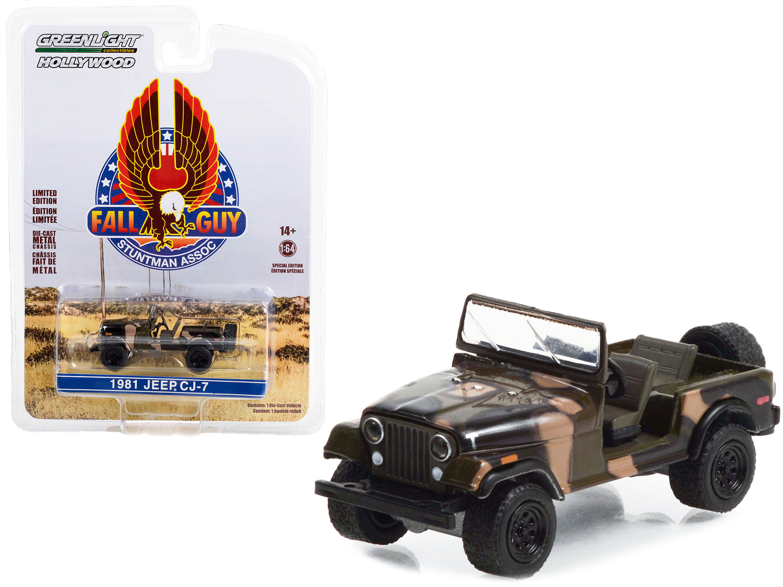 1981 Jeep CJ-7 Camouflage &quot;Fall Guy Stuntman Association&quot; Hollywood Special Edition 1/64 Diecast Model Car by Greenlight