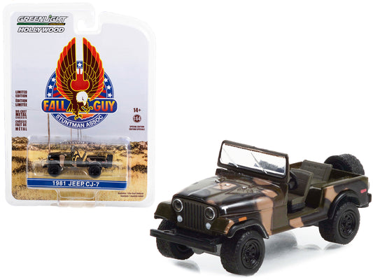 1981 Jeep CJ-7 Camouflage &quot;Fall Guy Stuntman Association&quot; Hollywood Special Edition 1/64 Diecast Model Car by Greenlight
