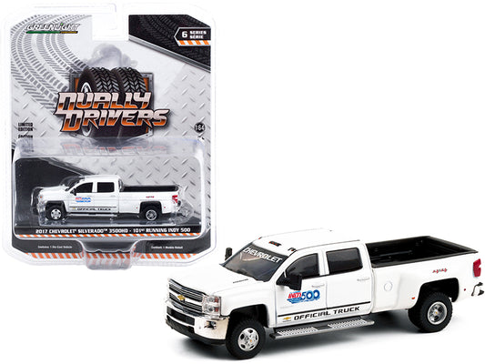 2017 Chevrolet Silverado 3500HD Dually Pickup Truck White &quot;101st Running Indy 500&quot; Presented by PennGrade Motor Oil Official Truck &quot;Dually Drivers&quot; Series 6 1/64 Diecast Model Car by Greenlight