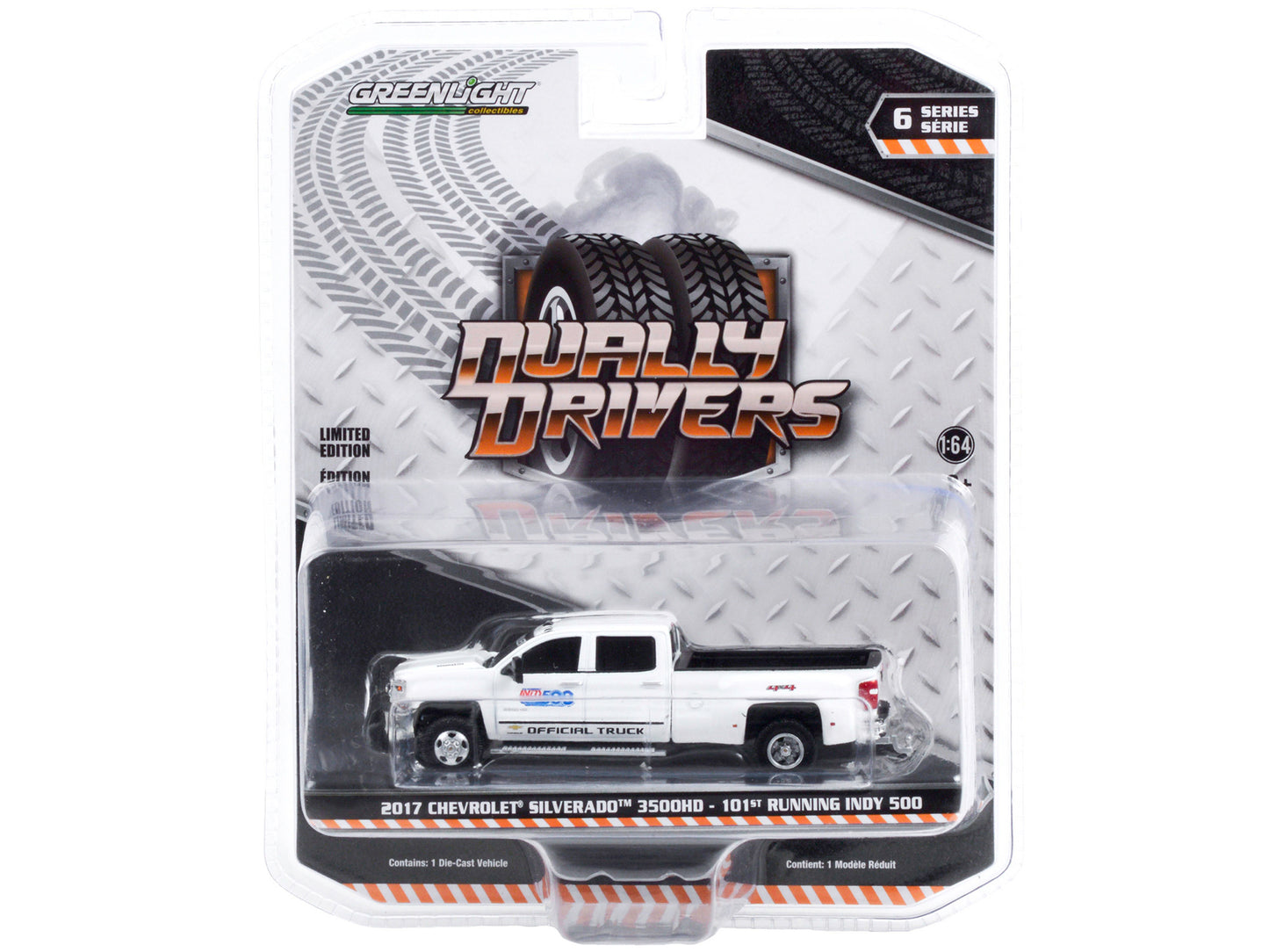2017 Chevrolet Silverado 3500HD Dually Pickup Truck White &quot;101st Running Indy 500&quot; Presented by PennGrade Motor Oil Official Truck &quot;Dually Drivers&quot; Series 6 1/64 Diecast Model Car by Greenlight