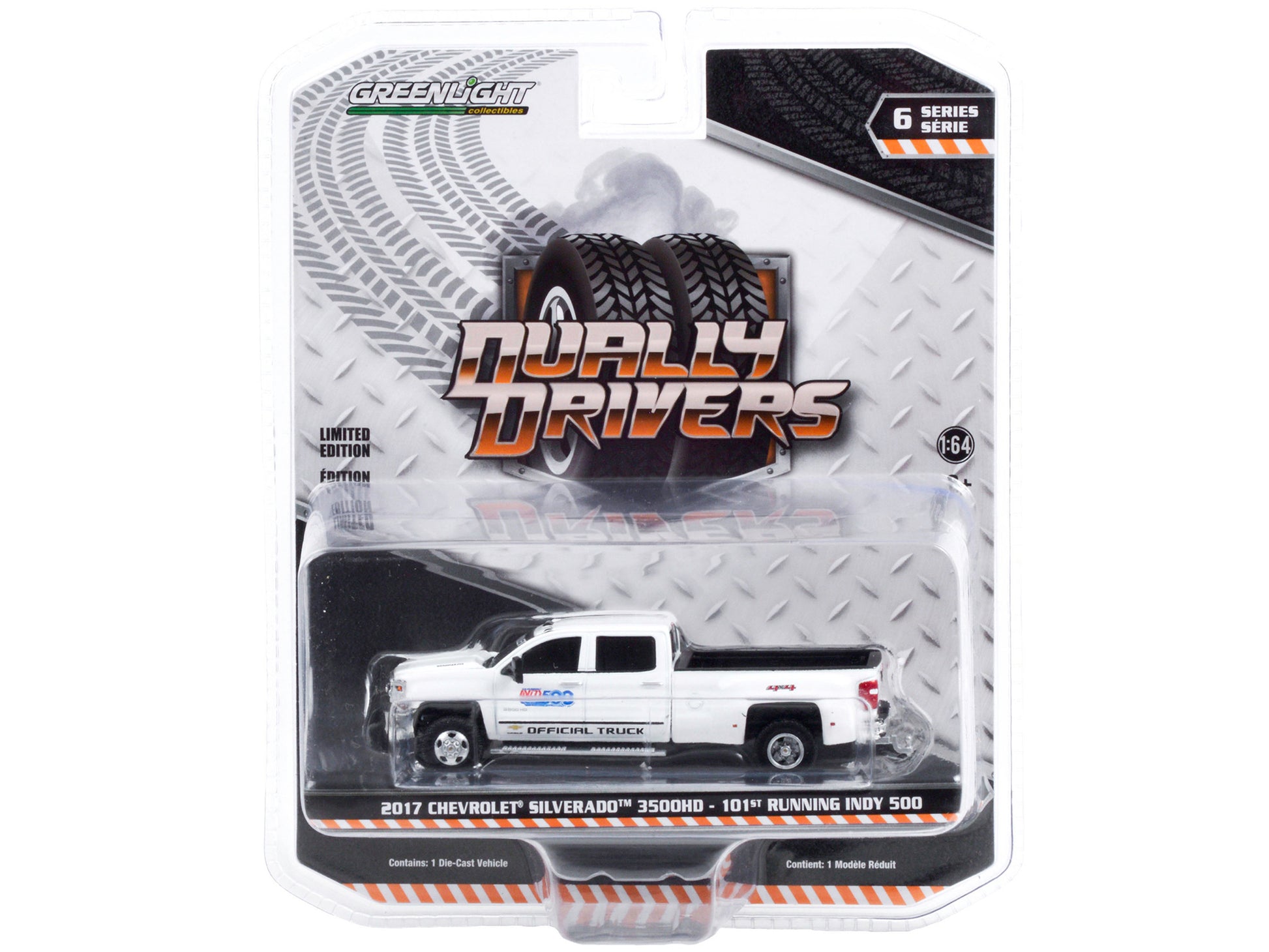 2017 Chevrolet Silverado 3500HD Dually Pickup Truck White &quot;101st Running Indy 500&quot; Presented by PennGrade Motor Oil Official Truck &quot;Dually Drivers&quot; Series 6 1/64 Diecast Model Car by Greenlight