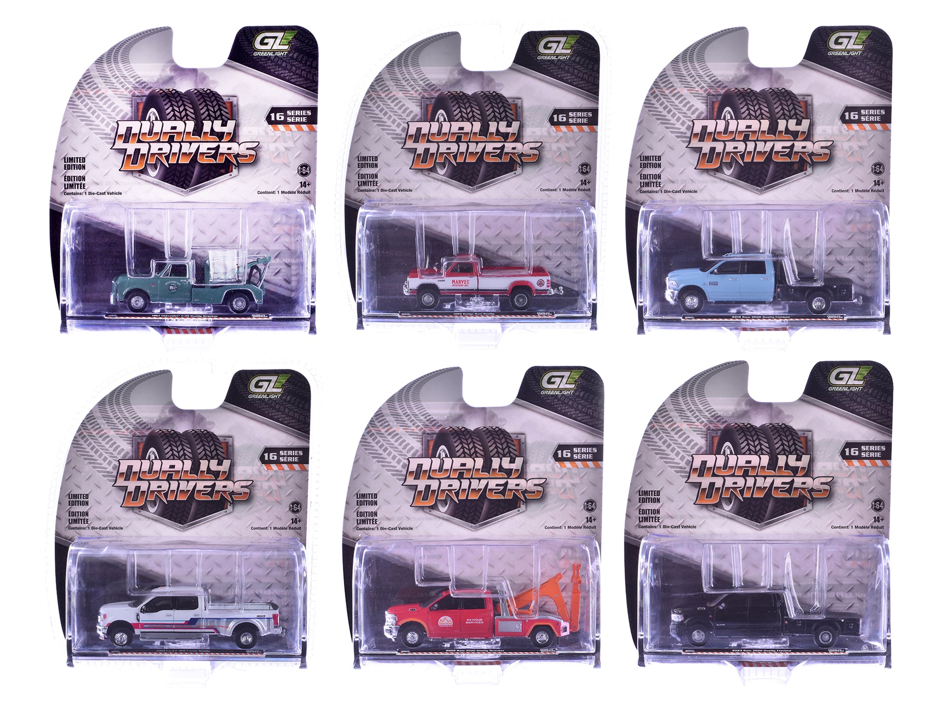 &quot;Dually Drivers&quot; Series 16 Set of 6 Trucks 1/64 Diecast Model Car by Greenlight
