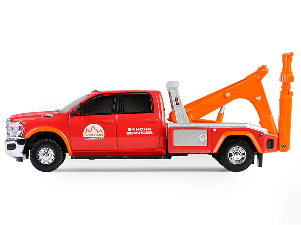 2022 Ram 3500 Dually Wrecker Tow Truck &quot;Ignition Towing Co.&quot; Red and Orange &quot;Dually Drivers&quot; Series 16 1/64 Diecast Model Car by Greenlight