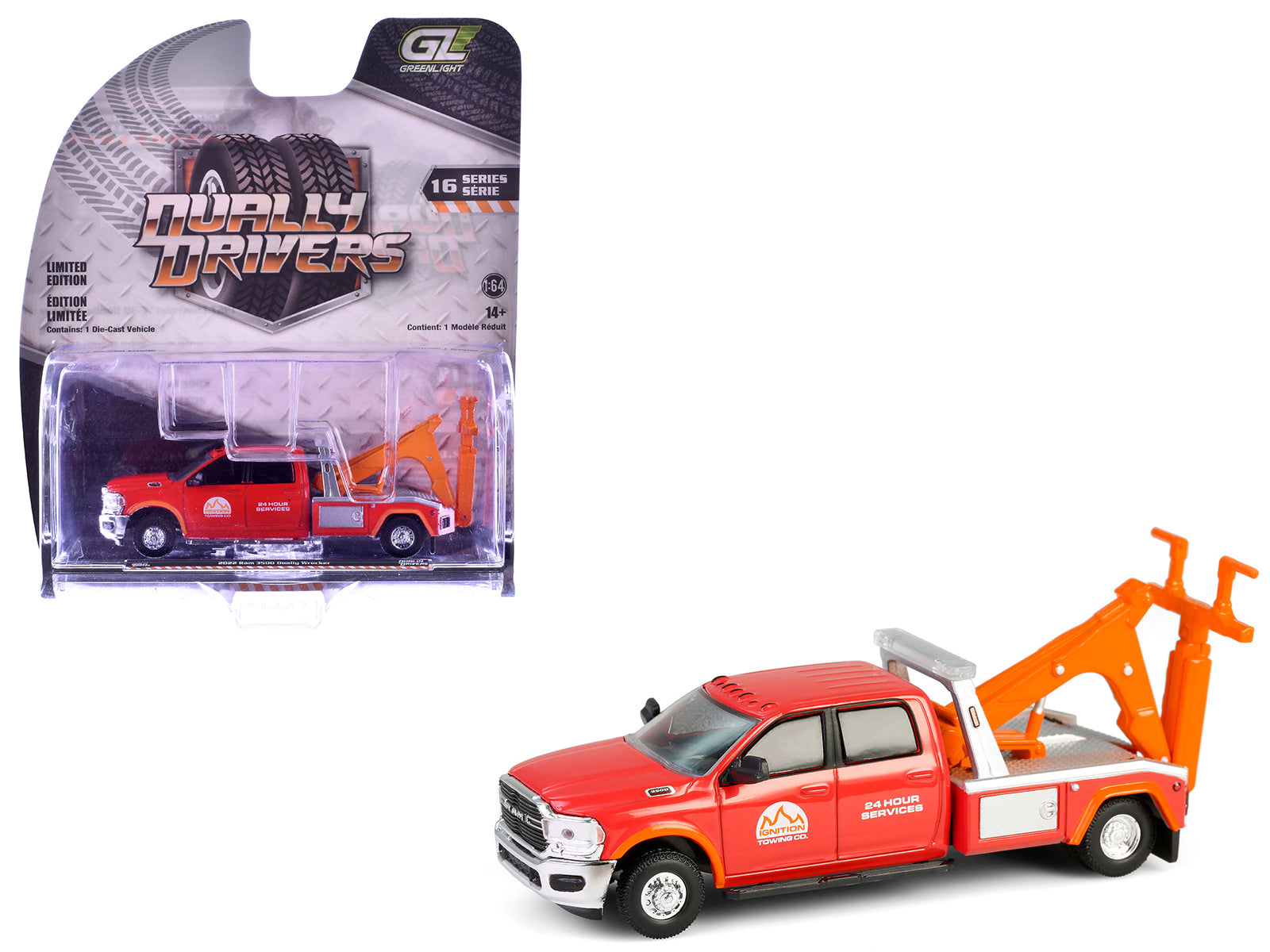2022 Ram 3500 Dually Wrecker Tow Truck &quot;Ignition Towing Co.&quot; Red and Orange &quot;Dually Drivers&quot; Series 16 1/64 Diecast Model Car by Greenlight