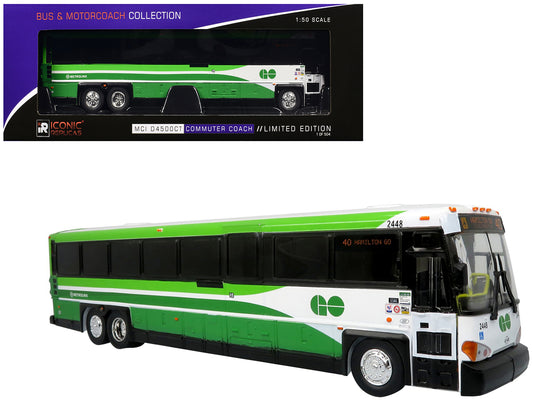 MCI D4500CT Commuter Coach Bus &quot;Metrolinx GO Transit Ontario&quot; White and Green &quot;The Bus & Motorcoach Collection&quot; Limited Edition to 504 pieces Worldwide 1/50 Plastic Model by Iconic Replicas