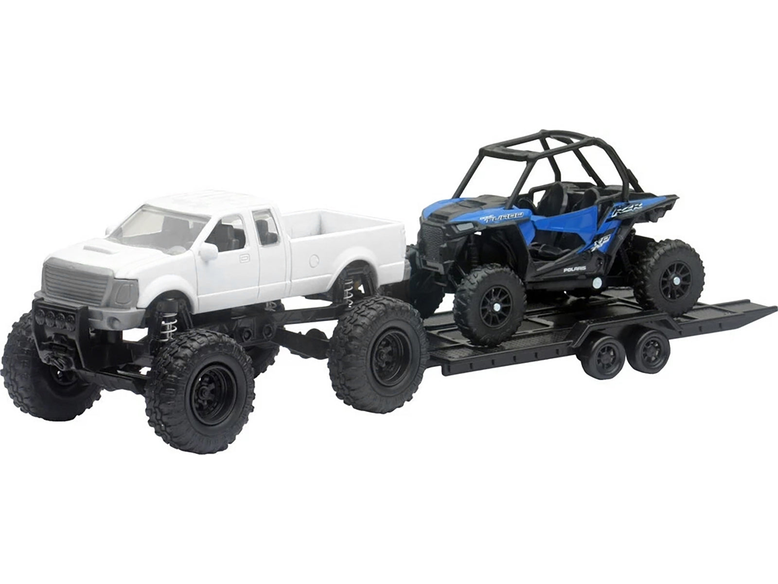 Lifted Pickup Truck White and Polaris RZR XP Turbo Blue with Flatbed Trailer &quot;Xtreme Off-Road&quot; Series Diecast Model by New Ray