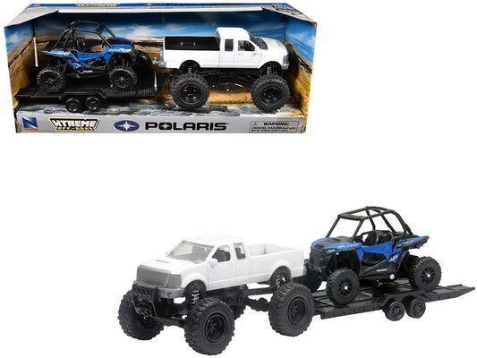 Lifted Pickup Truck White and Polaris RZR XP Turbo Blue with Flatbed Trailer &quot;Xtreme Off-Road&quot; Series Diecast Model by New Ray