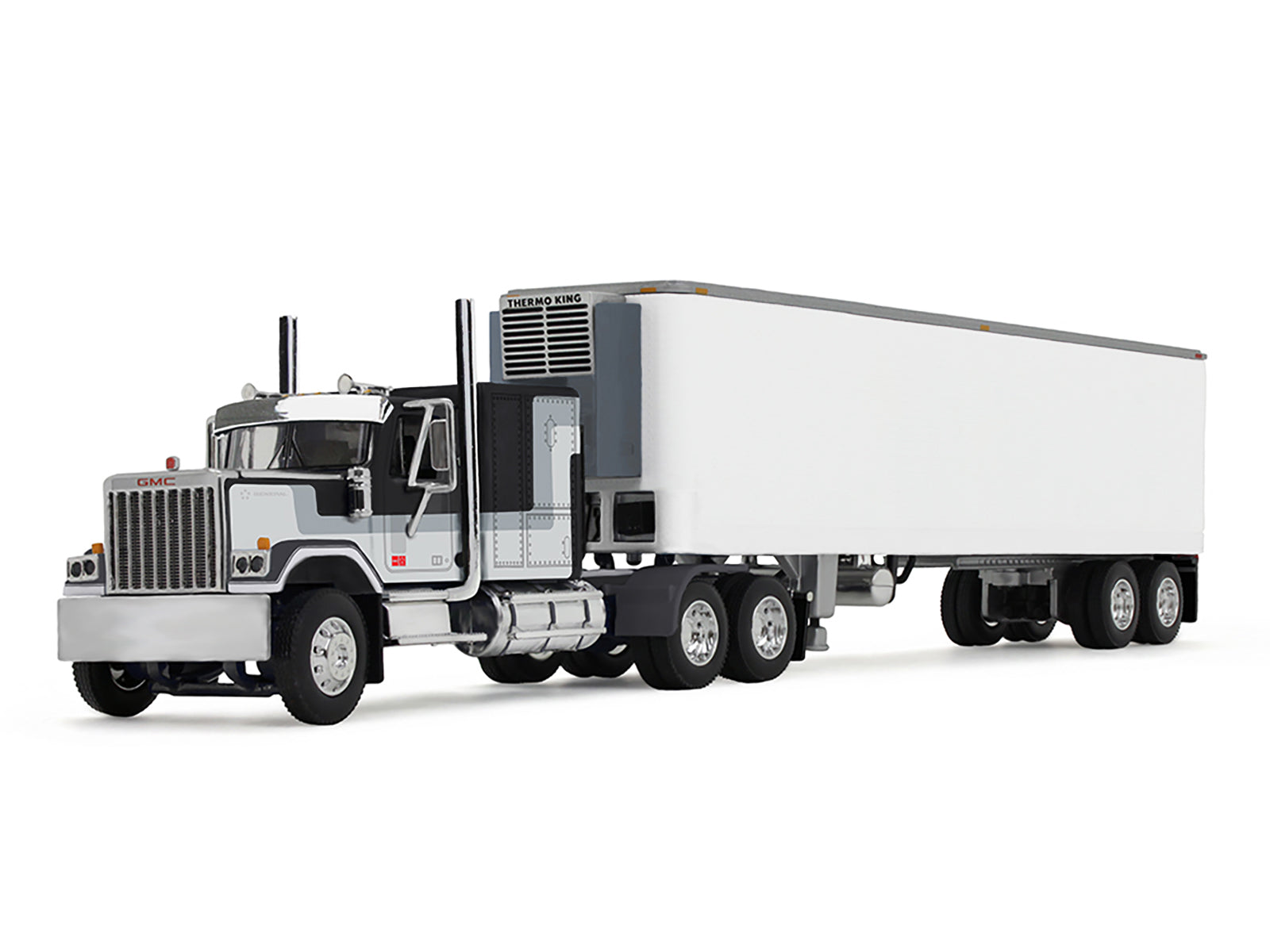 GMC General with 60&quot; Flat Top Sleeper and 40' Vintage Refrigerated Trailer Black with Gray and White Stripes 1/64 Diecast Model by DCP/First Gear