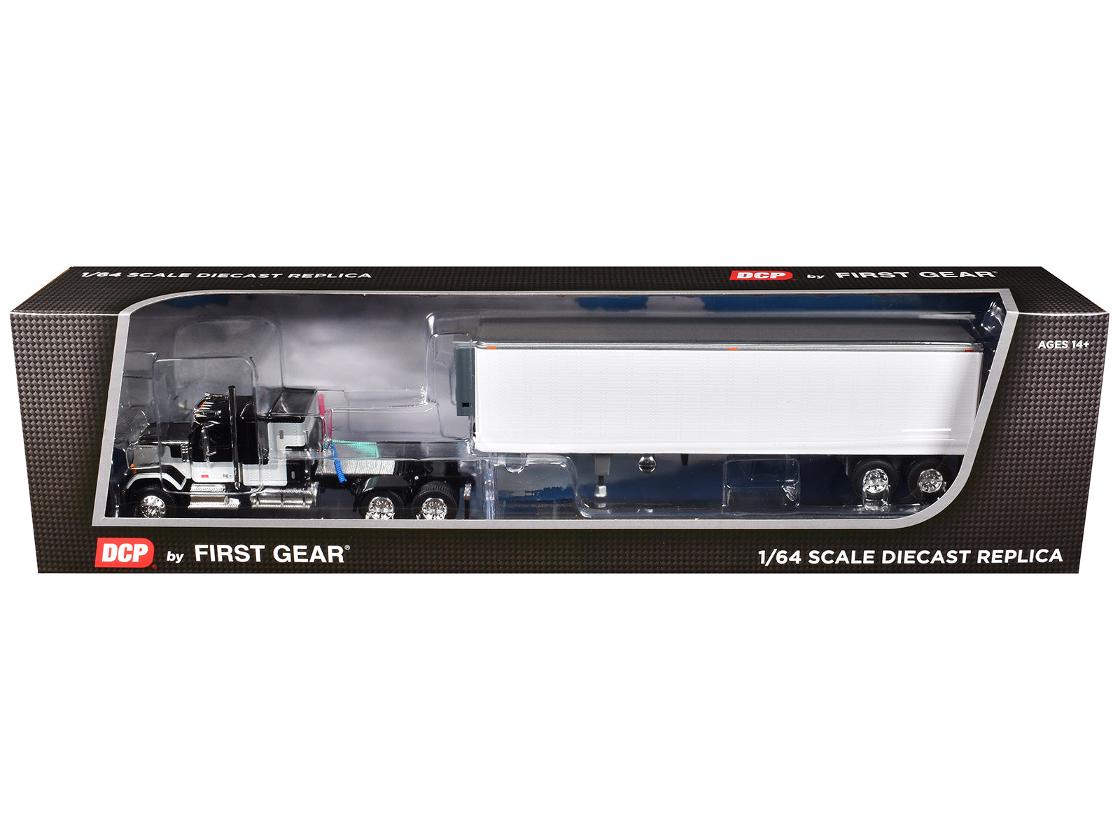 GMC General with 60&quot; Flat Top Sleeper and 40' Vintage Refrigerated Trailer Black with Gray and White Stripes 1/64 Diecast Model by DCP/First Gear