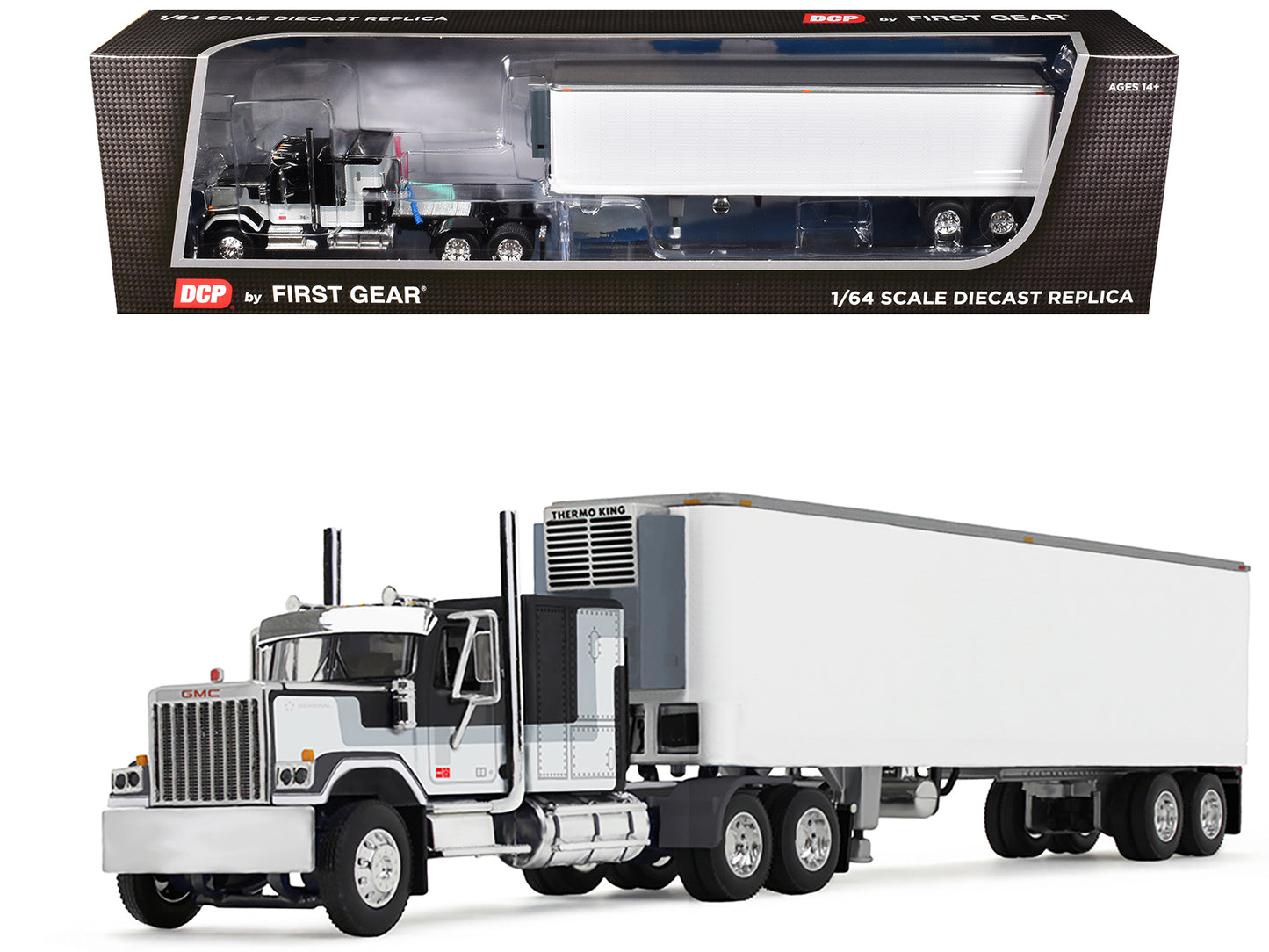 GMC General with 60&quot; Flat Top Sleeper and 40' Vintage Refrigerated Trailer Black with Gray and White Stripes 1/64 Diecast Model by DCP/First Gear