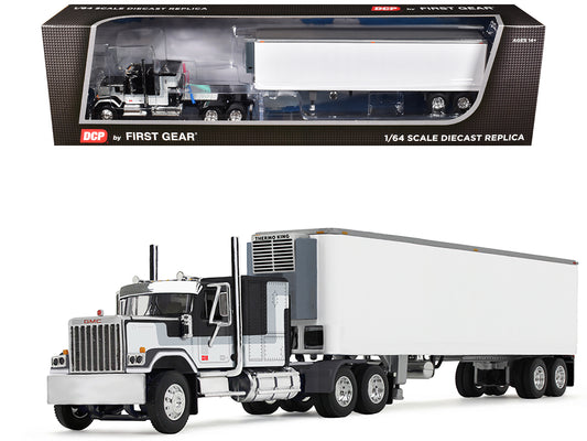 GMC General with 60&quot; Flat Top Sleeper and 40' Vintage Refrigerated Trailer Black with Gray and White Stripes 1/64 Diecast Model by DCP/First Gear