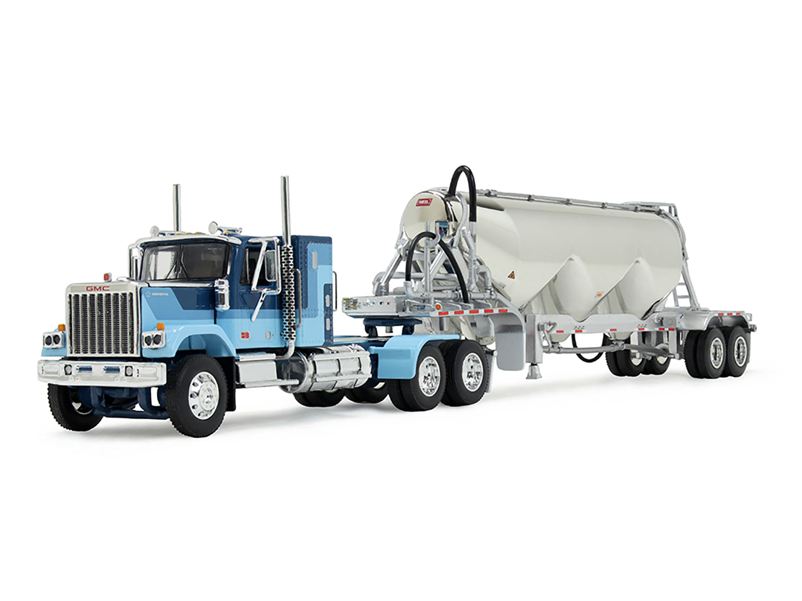 GMC General with 34&quot; Flat Top Sleeper and Heil Pneumatic Tank Trailer Blue with Stripes 1/64 Diecast Model by DCP/First Gear
