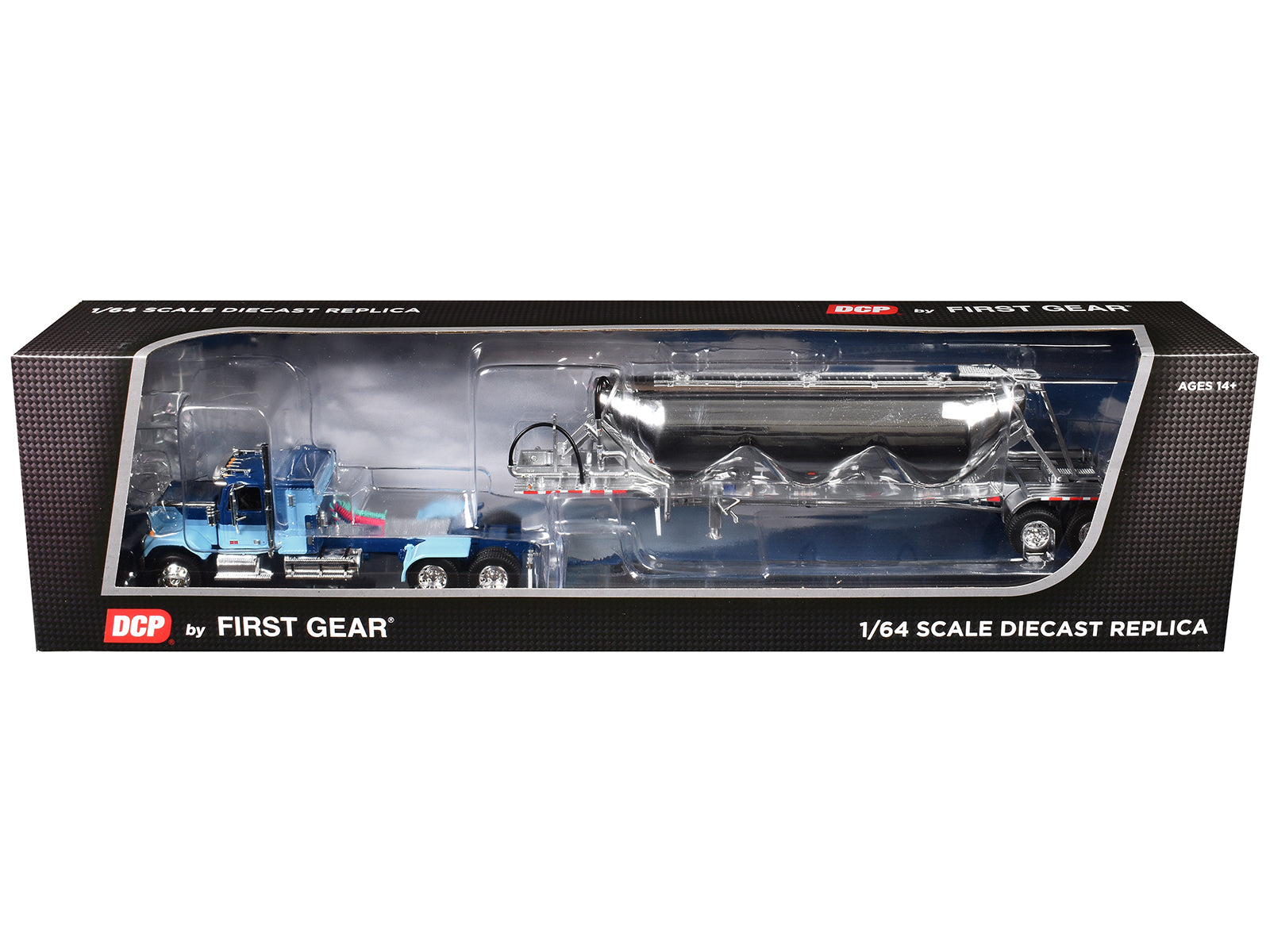 GMC General with 34&quot; Flat Top Sleeper and Heil Pneumatic Tank Trailer Blue with Stripes 1/64 Diecast Model by DCP/First Gear