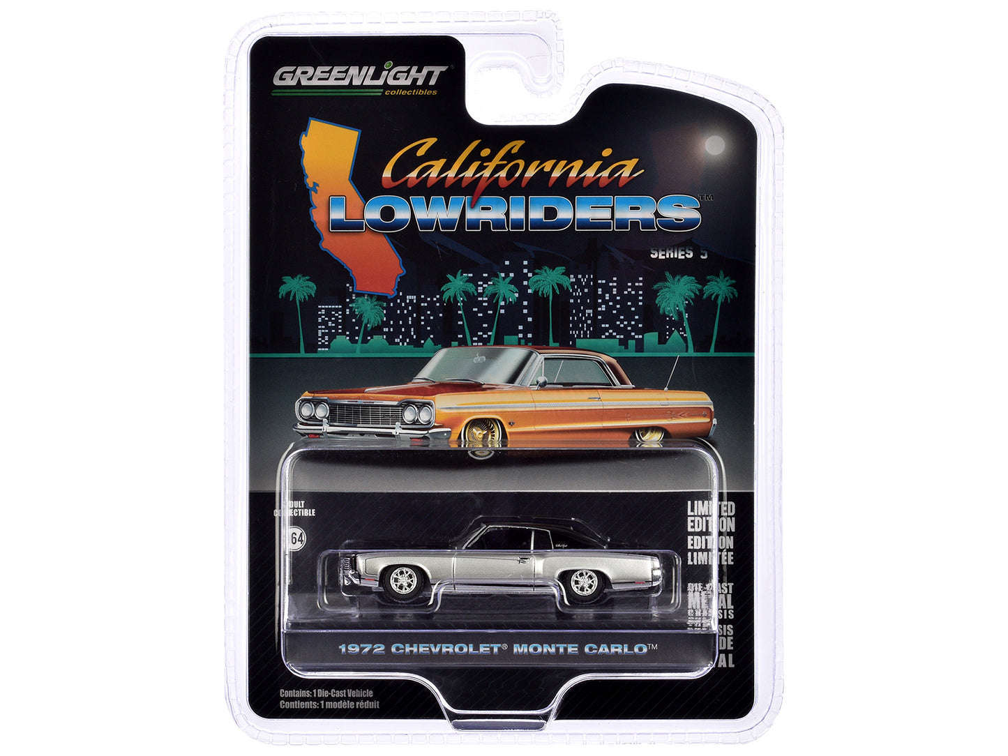 1972 Chevrolet Monte Carlo Lowrider Silver Metallic and Black &quot;California Lowriders&quot; Series 5 1/64 Diecast Model Car by Greenlight