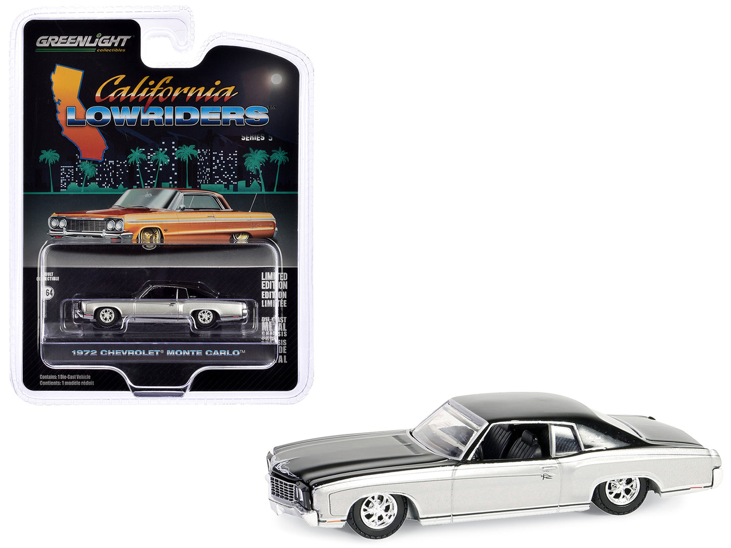 1972 Chevrolet Monte Carlo Lowrider Silver Metallic and Black &quot;California Lowriders&quot; Series 5 1/64 Diecast Model Car by Greenlight