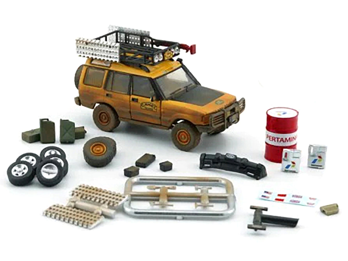 Land Rover Discovery 1 RHD (Right Hand Drive) &quot;Camel Trophy&quot; Yellow (Dirty Mud Version) with Roof Rack Extra Wheels and Accessories Limited Edition to 2016 pieces Worldwide 1/64 Diecast Model Car by BM Creations