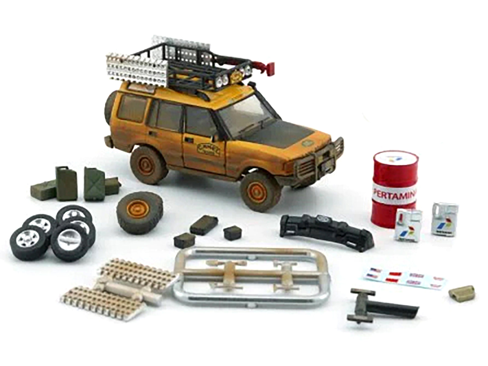 Land Rover Discovery 1 RHD (Right Hand Drive) &quot;Camel Trophy&quot; Yellow (Dirty Mud Version) with Roof Rack Extra Wheels and Accessories Limited Edition to 2016 pieces Worldwide 1/64 Diecast Model Car by BM Creations