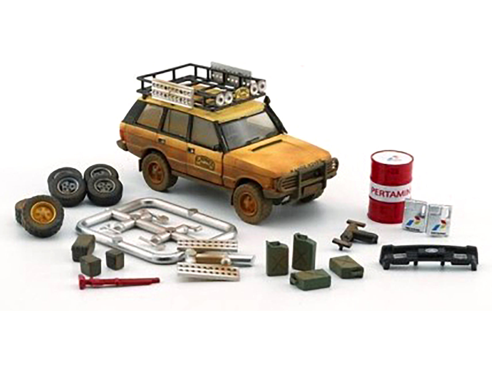 Land Rover Range Rover Classic LSE RHD (Right Hand Drive) &quot;Camel Trophy&quot; Yellow (Dirty Mud Version) with Roof Rack Extra Wheels and Accessories Limited Edition to 2016 pieces Worldwide 1/64 Diecast Model Car by BM Creations