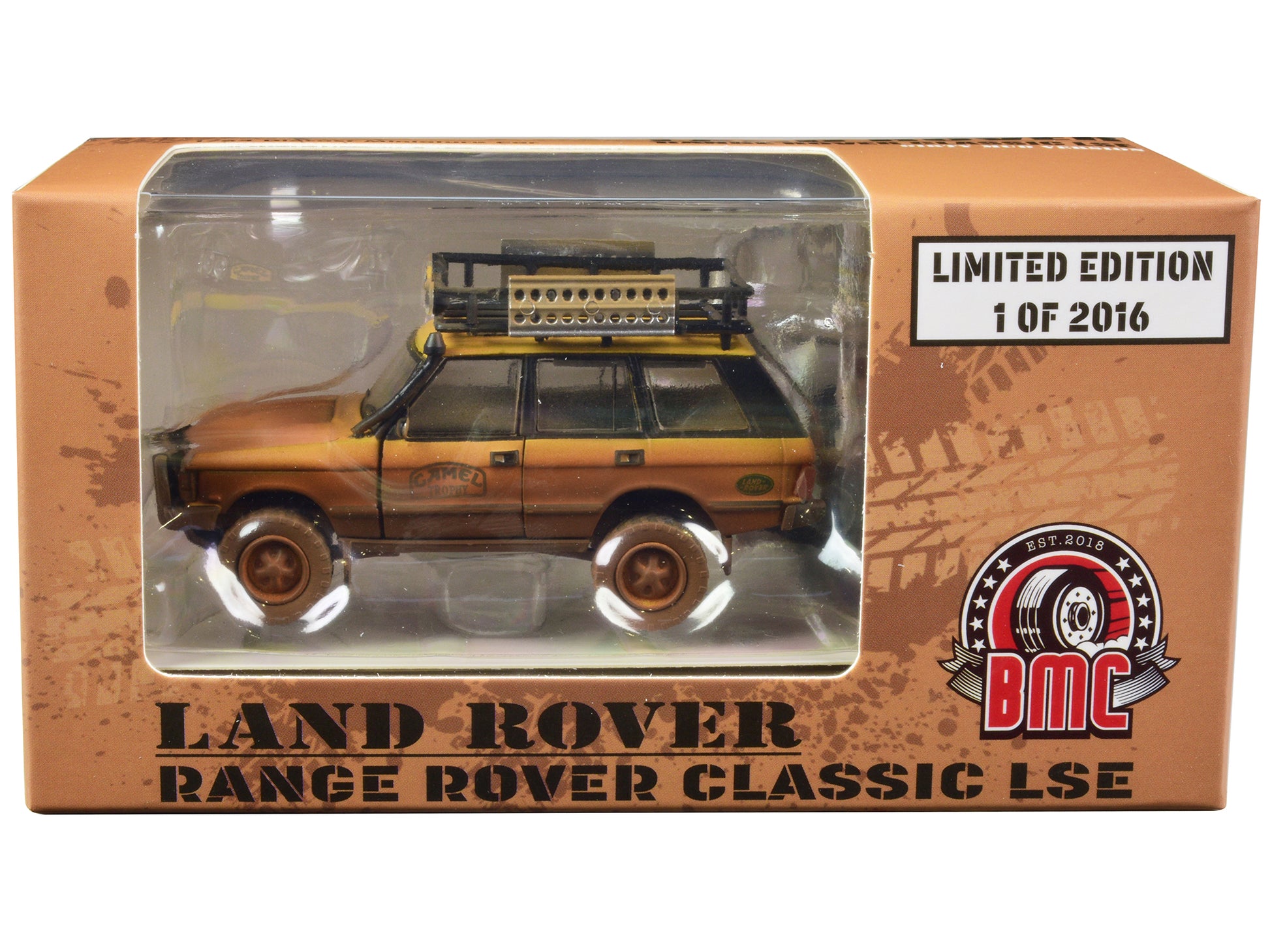 Land Rover Range Rover Classic LSE RHD (Right Hand Drive) &quot;Camel Trophy&quot; Yellow (Dirty Mud Version) with Roof Rack Extra Wheels and Accessories Limited Edition to 2016 pieces Worldwide 1/64 Diecast Model Car by BM Creations