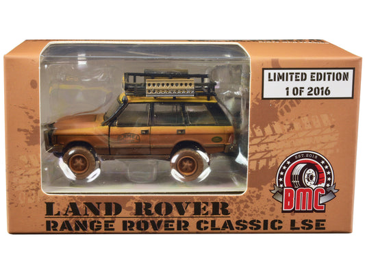 Land Rover Range Rover Classic LSE RHD (Right Hand Drive) &quot;Camel Trophy&quot; Yellow (Dirty Mud Version) with Roof Rack Extra Wheels and Accessories Limited Edition to 2016 pieces Worldwide 1/64 Diecast Model Car by BM Creations