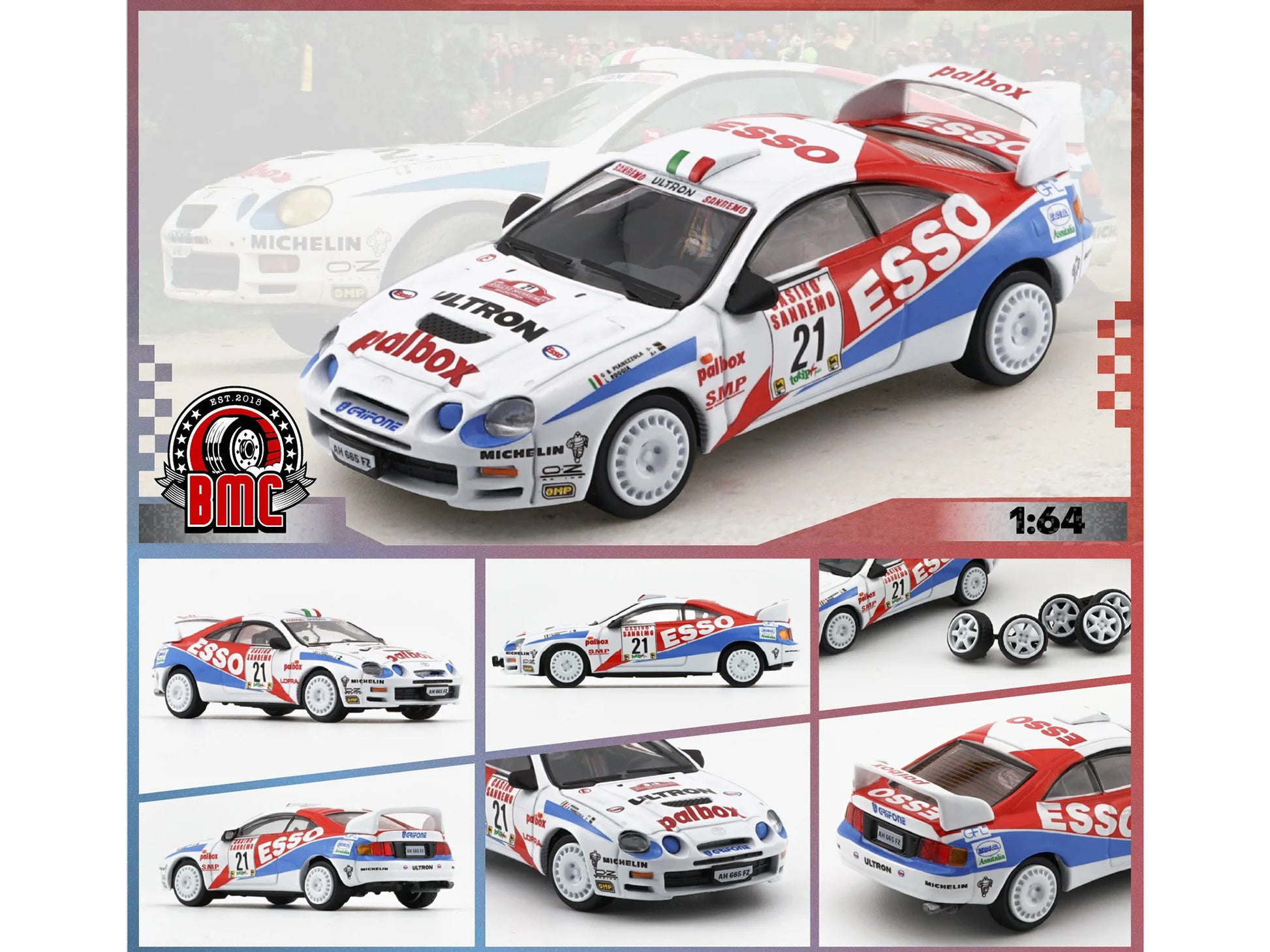 Toyota Celica GT-Four #21 Gilberto Pianezzola - Loris Roggia &quot;Rallye Sanremo - Rallye d'Italia&quot; (1996) with Extra Wheels 1/64 Diecast Model Car by BM Creations