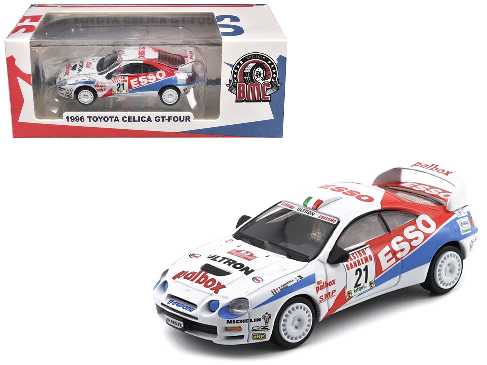 Toyota Celica GT-Four #21 Gilberto Pianezzola - Loris Roggia &quot;Rallye Sanremo - Rallye d'Italia&quot; (1996) with Extra Wheels 1/64 Diecast Model Car by BM Creations