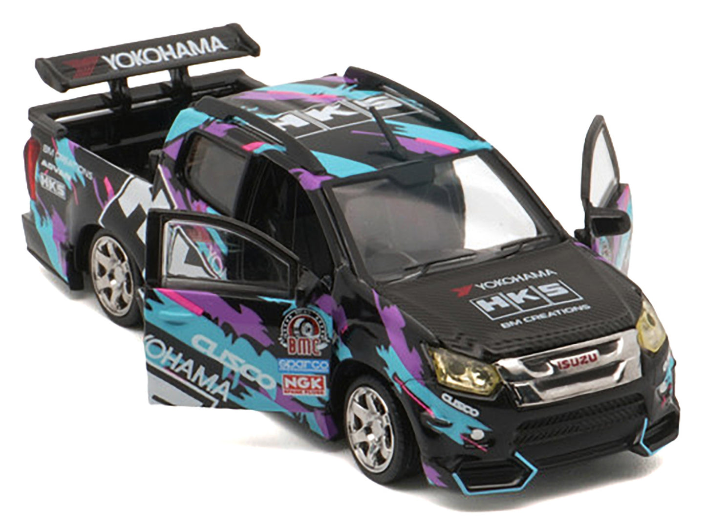 Isuzu D-Max Lowrider Pickup Truck RHD (Right Hand Drive) &quot;HKS&quot; Black with Graphics &quot;Thailand Diecast Expo 2025&quot; 1/64 Diecast Model Car by BM Creations