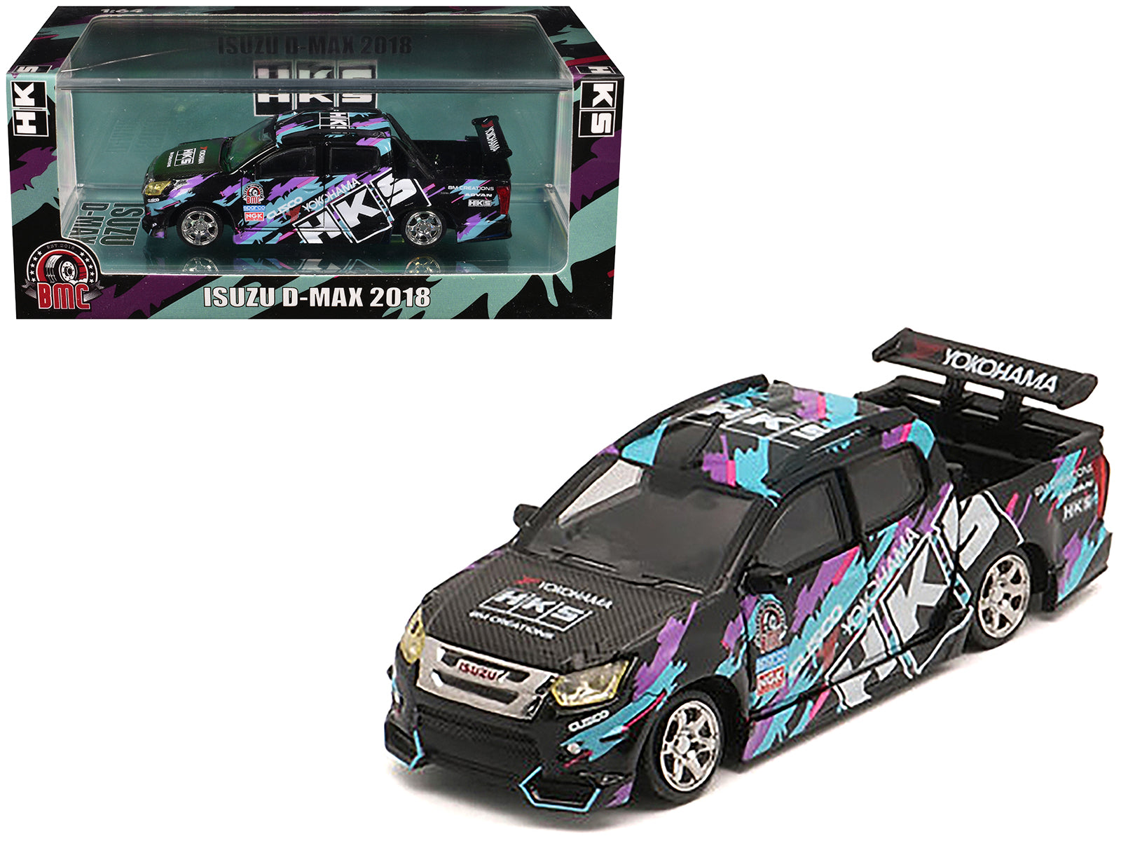 Isuzu D-Max Lowrider Pickup Truck RHD (Right Hand Drive) &quot;HKS&quot; Black with Graphics &quot;Thailand Diecast Expo 2025&quot; 1/64 Diecast Model Car by BM Creations